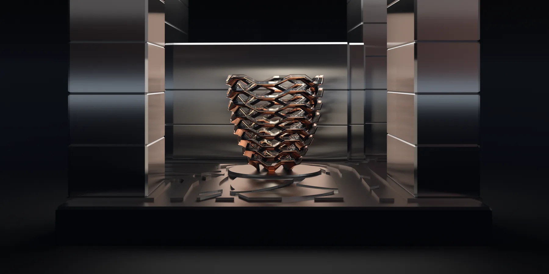 A layered, faceted material study displayed on a circular plinth
